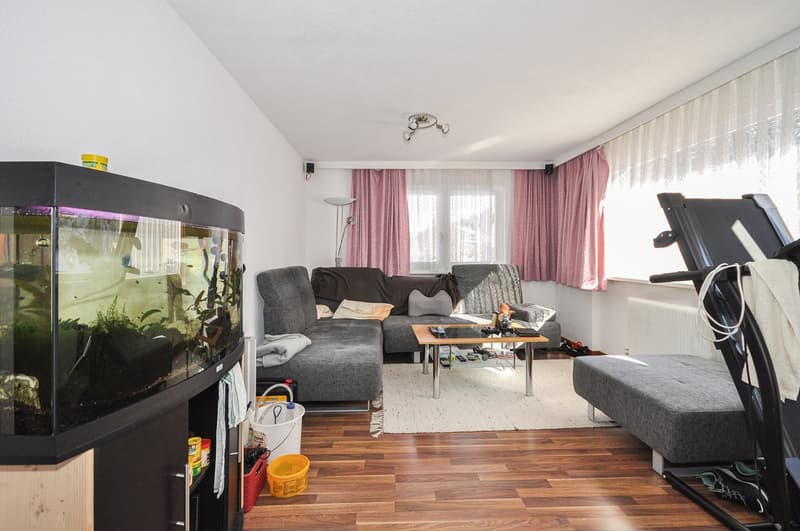 living room, gray sofa, coffee table, aquarium, floor lamp, wooden floor, radiator, windows with pink curtains