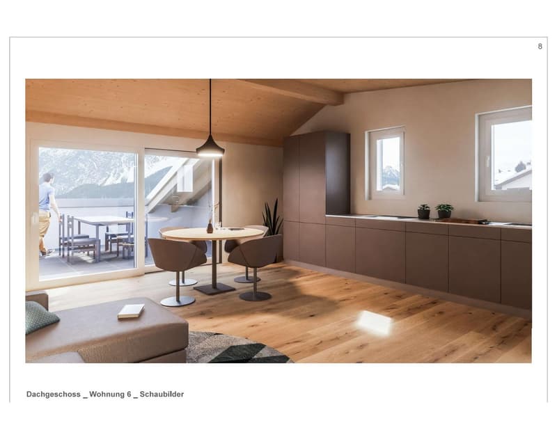 modern kitchen, dining area with table, sofa, rug, balcony, floor view