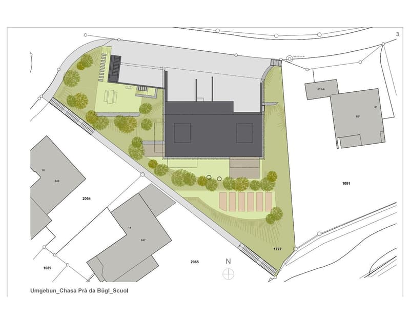 residential building, parking spaces, outdoor area, walkways