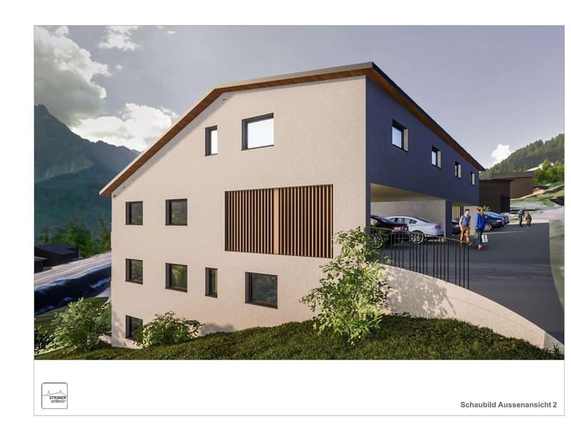 House with blue walls, white exterior, multiple windows, entrance with parking space, sloped driveway, 2 cars parked