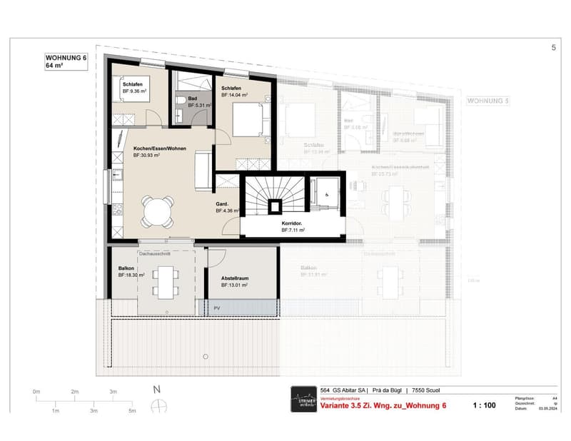 2 bedrooms, 2 bathrooms, kitchen, living room, balcony, corridor, attic