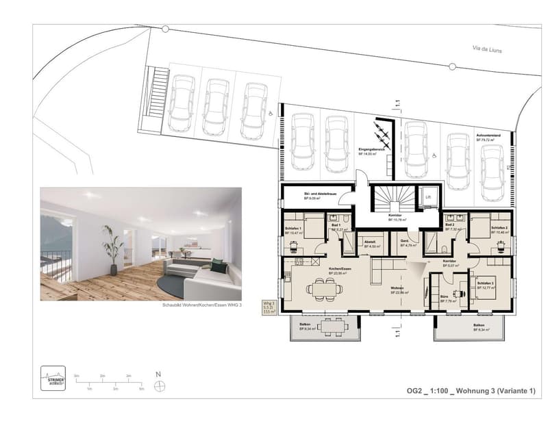 Floor plan of a residential building with garage and parking places. Two storeys with a raised ground floor. Balconies and terraces on the ground floor.
