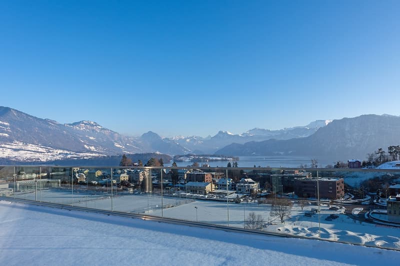 building view with a city below, snow, mountains, glass railing