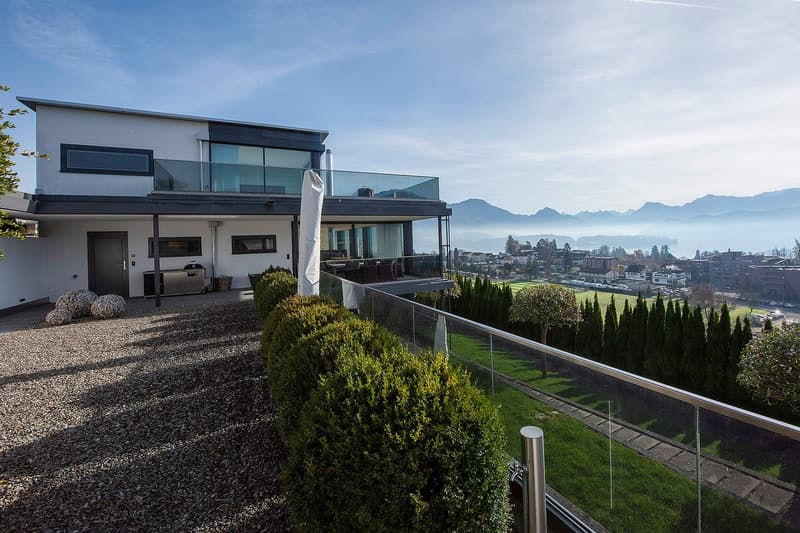 modern 2 story house, glass terrace, view of mountains