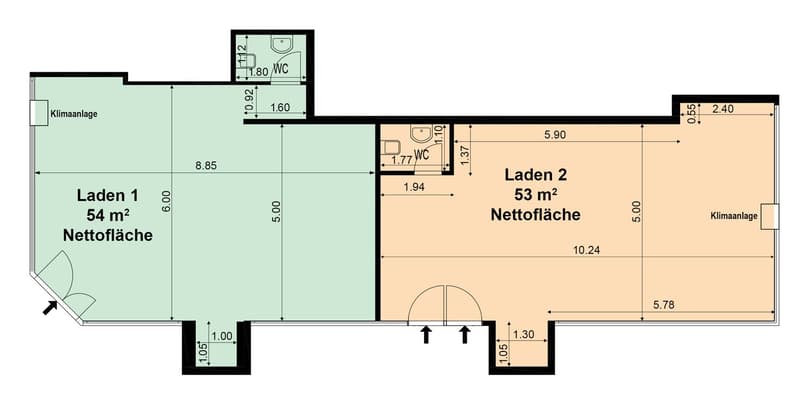 Floor plan with two rooms, WC, and storage areas