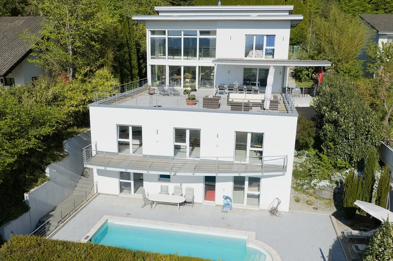 modern white house, 3 floors, large windows, swimming pool, balcony, terrace, garden