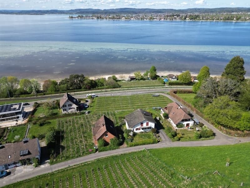 Houses in a rural area with a scenic view of the lake and mountains in the distance