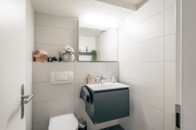 Tiled bathroom with a vanity unit, toilet, and shelving for decor items