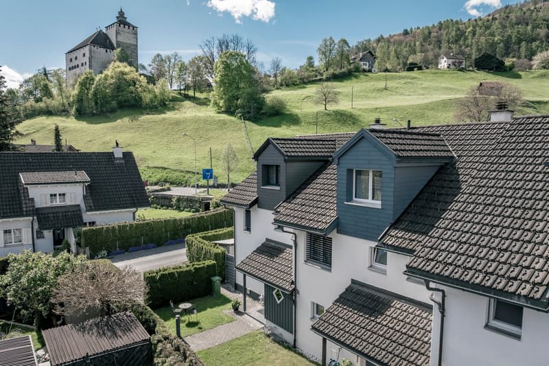 The image shows a picturesque residential neighborhood in a rural setting. There are several multi-story houses with tiled roofs and balconies overlooking a lush, green landscape. In the background, a historic tower or castle can be seen, adding to the ch
