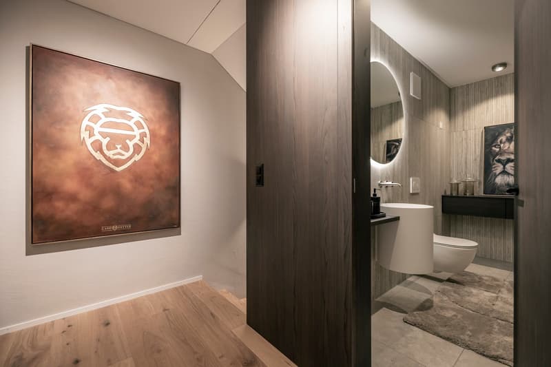 Spacious bathroom with wood-paneled walls, a large mirror, and a modern white toilet and sink. The room features a framed artwork on the wall and a cozy rug on the floor.