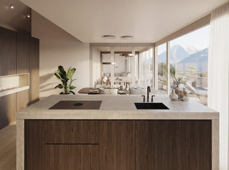 open kitchen with island, modern fixtures, black countertops, wooden cabinets, large windows, modern sink, faucet, potted plants, dining area with table and chairs