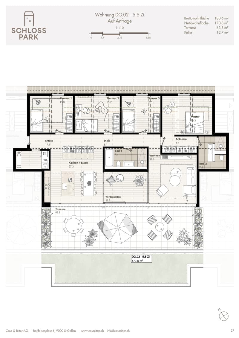 living room, 3 bedrooms, kitchen/dining, 2 bathrooms, storage, terrace