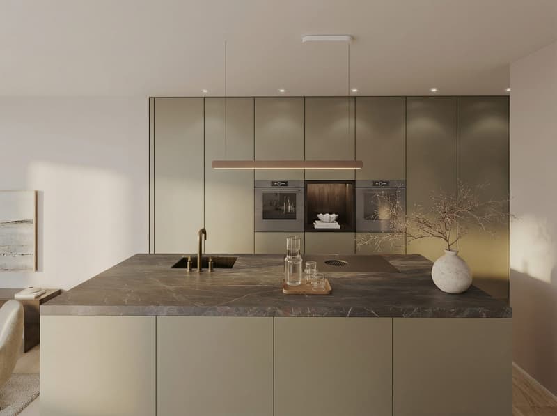 modern kitchen, marble countertop, gray cabinets, white walls, chandelier, double ovens, central island, built-in sink