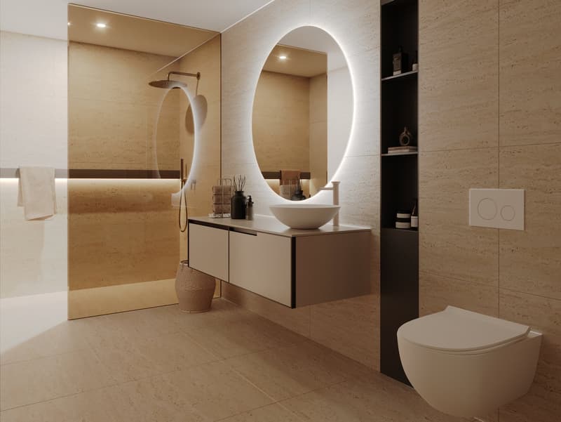 modern bathroom with a large oval mirror, a white sink, a shower, and a toilet