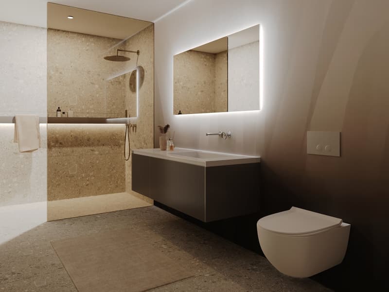modern bathroom with shower, sink, mirror, and toilet