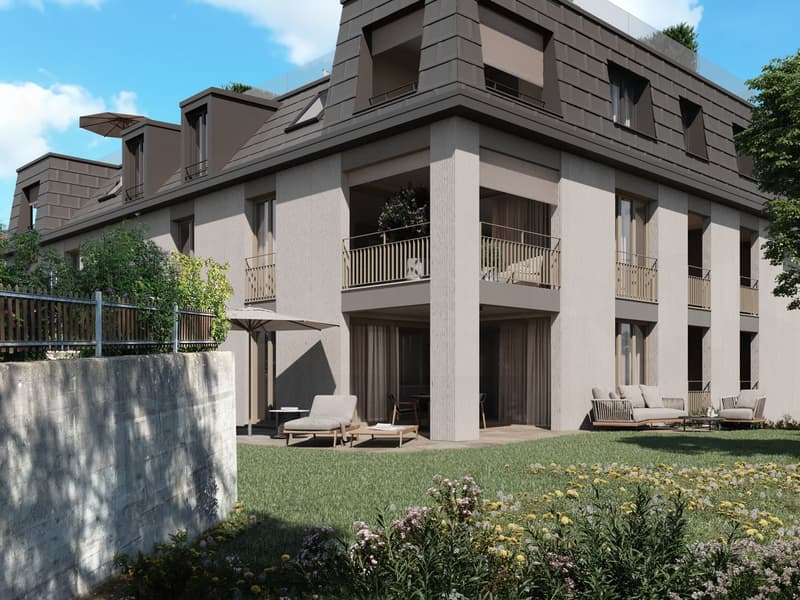 Modern apartment building with 3 floors, balconies, garden, and outdoor seating area