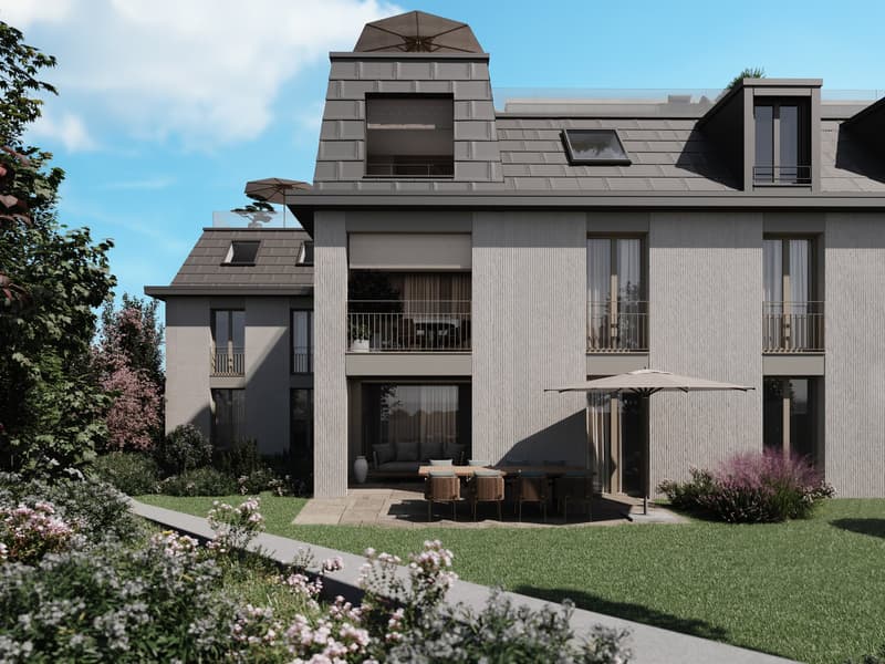 3 story house, gray exterior, multiple balconies, garden, outdoor dining area
