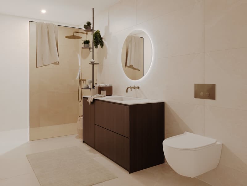 modern bathroom with walk-in shower, vanity with sink, mirror, and toilet