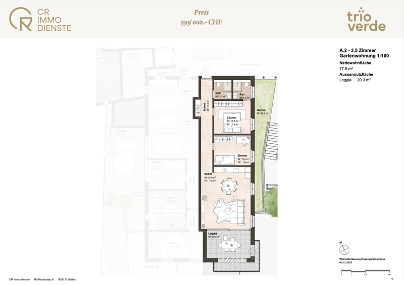 Living room, kitchen, 3 bedrooms, 2 bathrooms, balcony, terrace, loggia