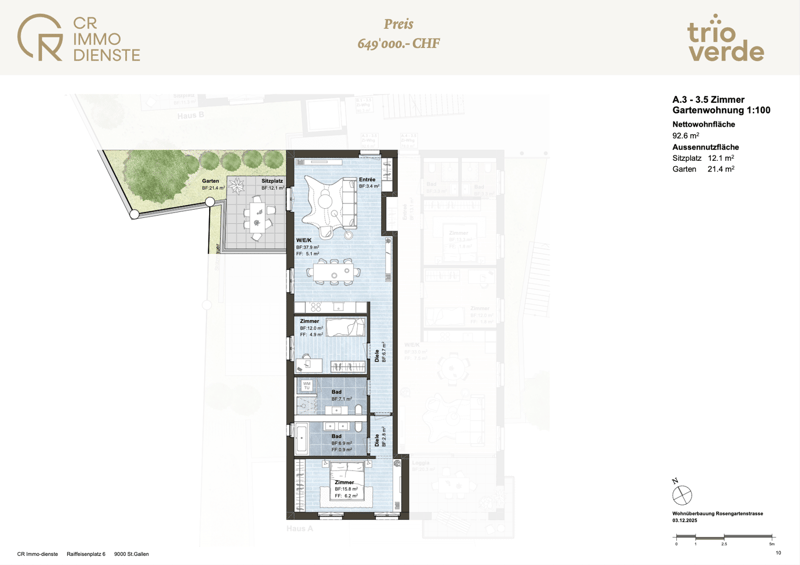 Living room, kitchen, 3 bedrooms, 2 bathrooms, balcony, garden