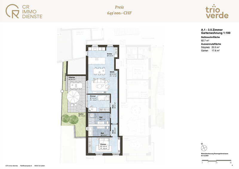 Entrance, living room, kitchen, 3 bedrooms, 2 bathrooms, balcony, terrace