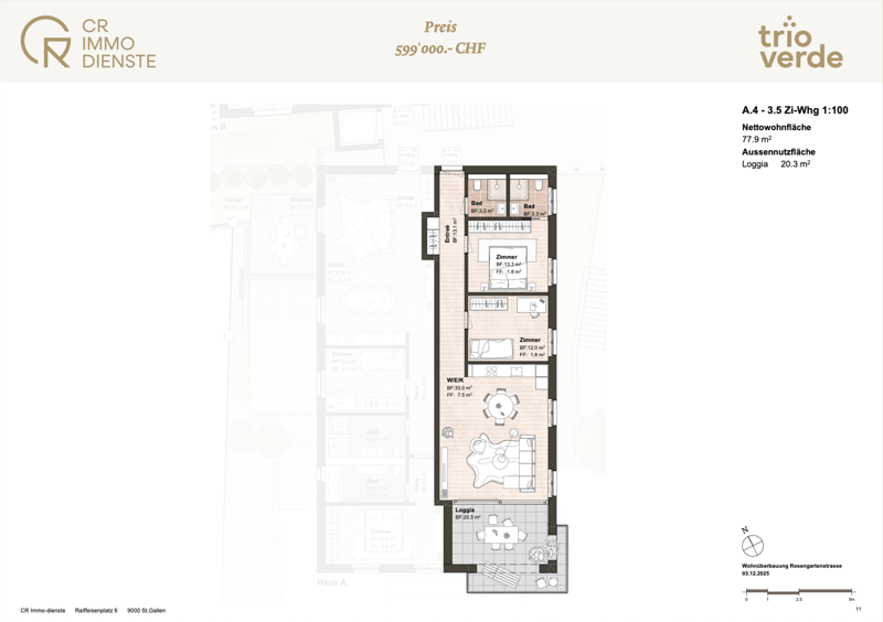 Living room, kitchen, 3 bedrooms, 2 bathrooms, balcony, logia