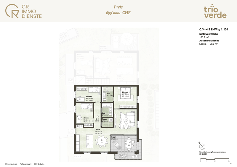 Living room, kitchen, 3 bedrooms, 2 bathrooms, balcony, utility room, storage room