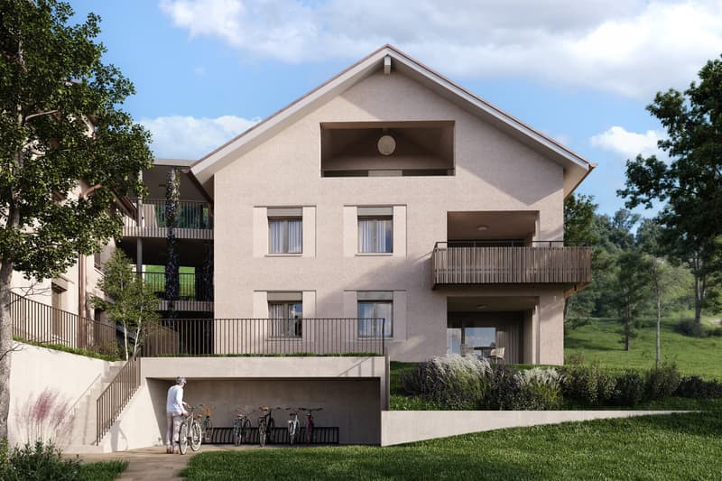 3 story house, beige exterior, multiple balconies, underground garage, bicycles parked
