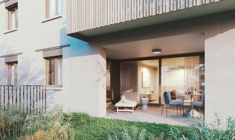Modern apartment with a terrace, white walls, glass doors, outdoor seating, and a small garden.