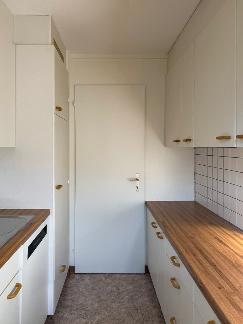 modern kitchen, white cabinets, wooden countertops, white walls, dishwasher, washing machine