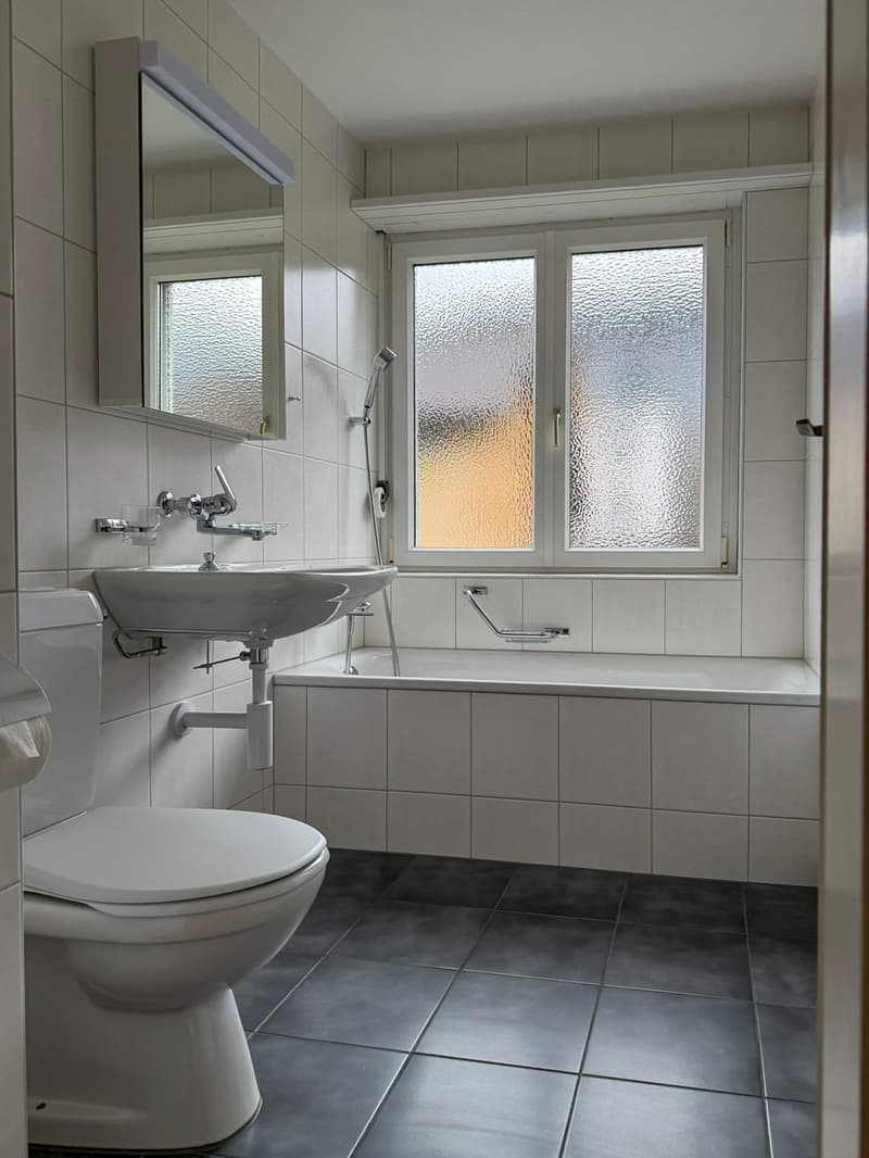 modern bathroom with white tiles, toilet, bathtub, double sink, shower head, window, mirror