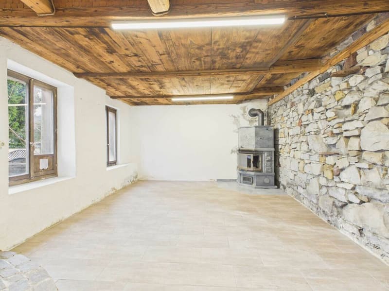Mehrzweckraum mit rustikaler Steinwand im Kellergeschoss