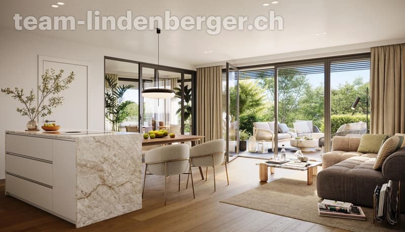 Innenausbau Wohnbereich mit Kochinsel und Gartensitzplatz