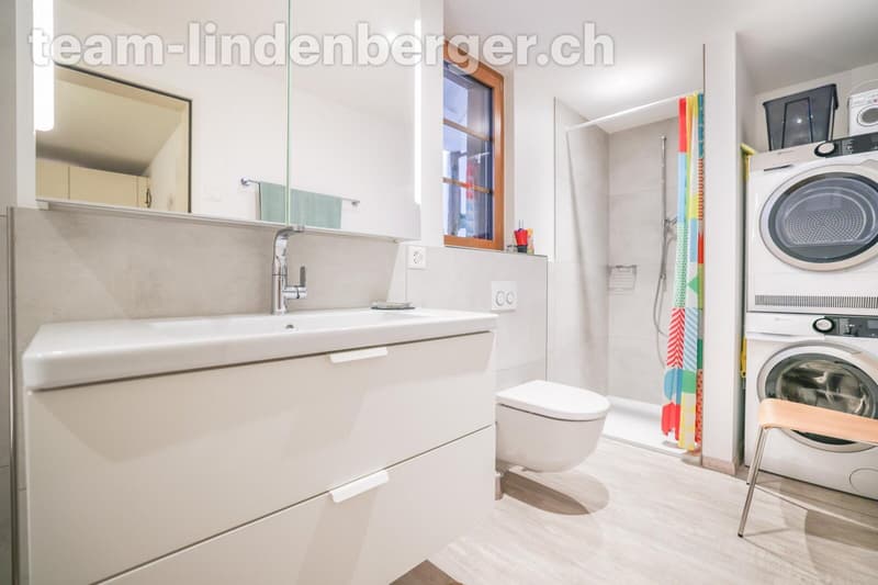 Badezimmer mit Dusche, Badewanne und Waschturm