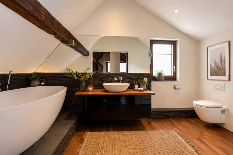 Bad mit Wanne, Lavabo, Toilette und Einbauschrank im DG 4.5 Zi.-Maisonettewohnung 2.OG und DG