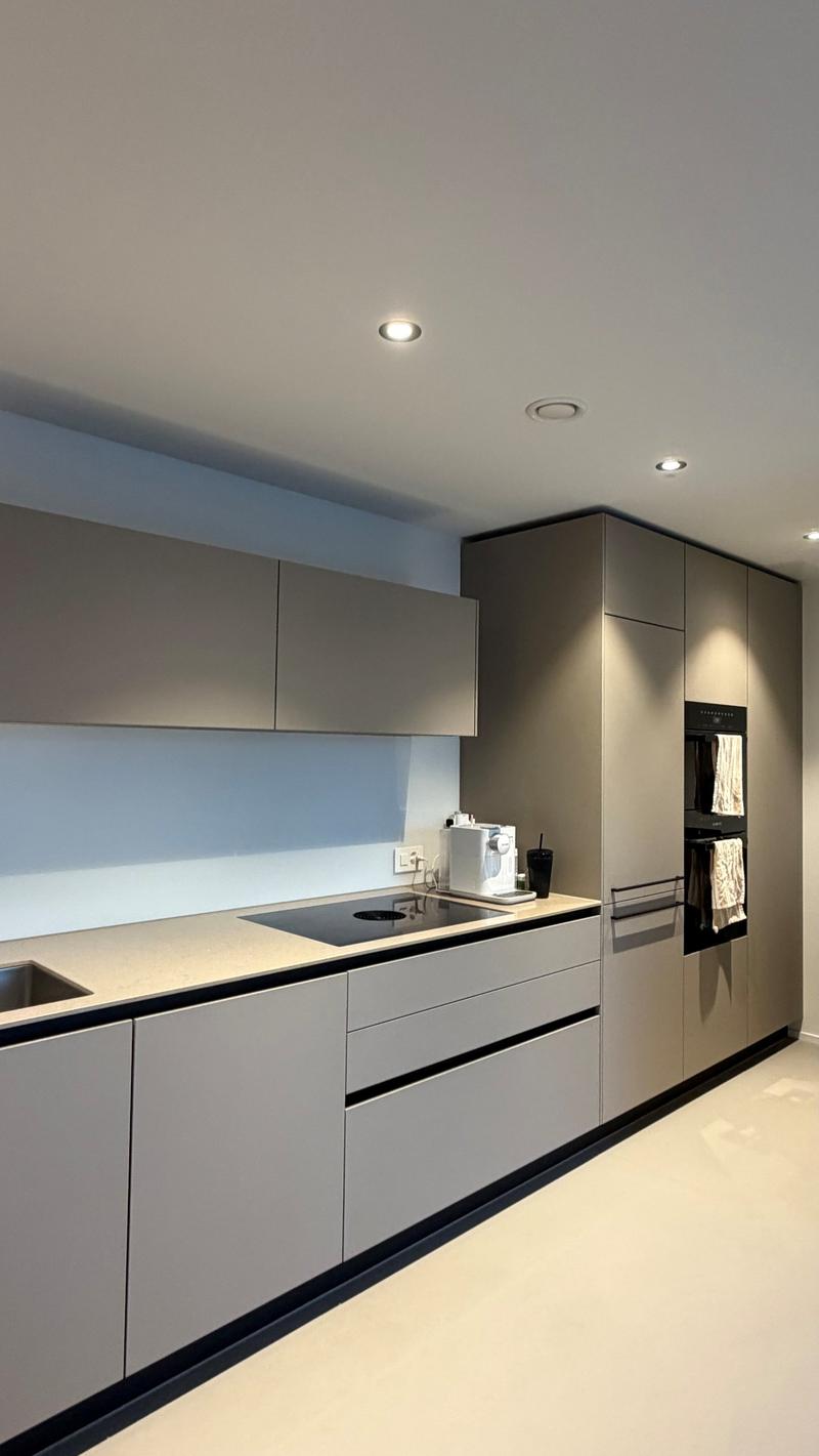 modern kitchen, stainless steel sink, gray cabinets, marble countertop, induction cooktop, built-in oven, modern appliances, white walls, ceiling lamps