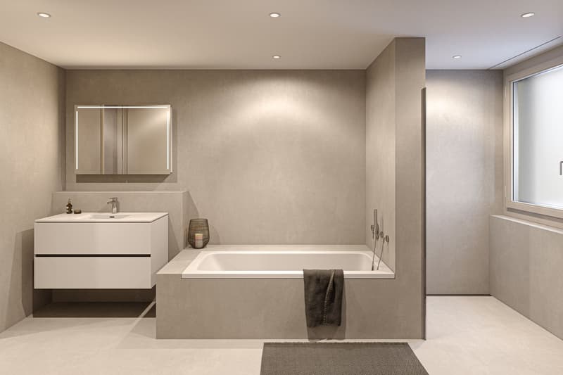 minimalistic bathroom with bathtub, sink, large mirror, and open window