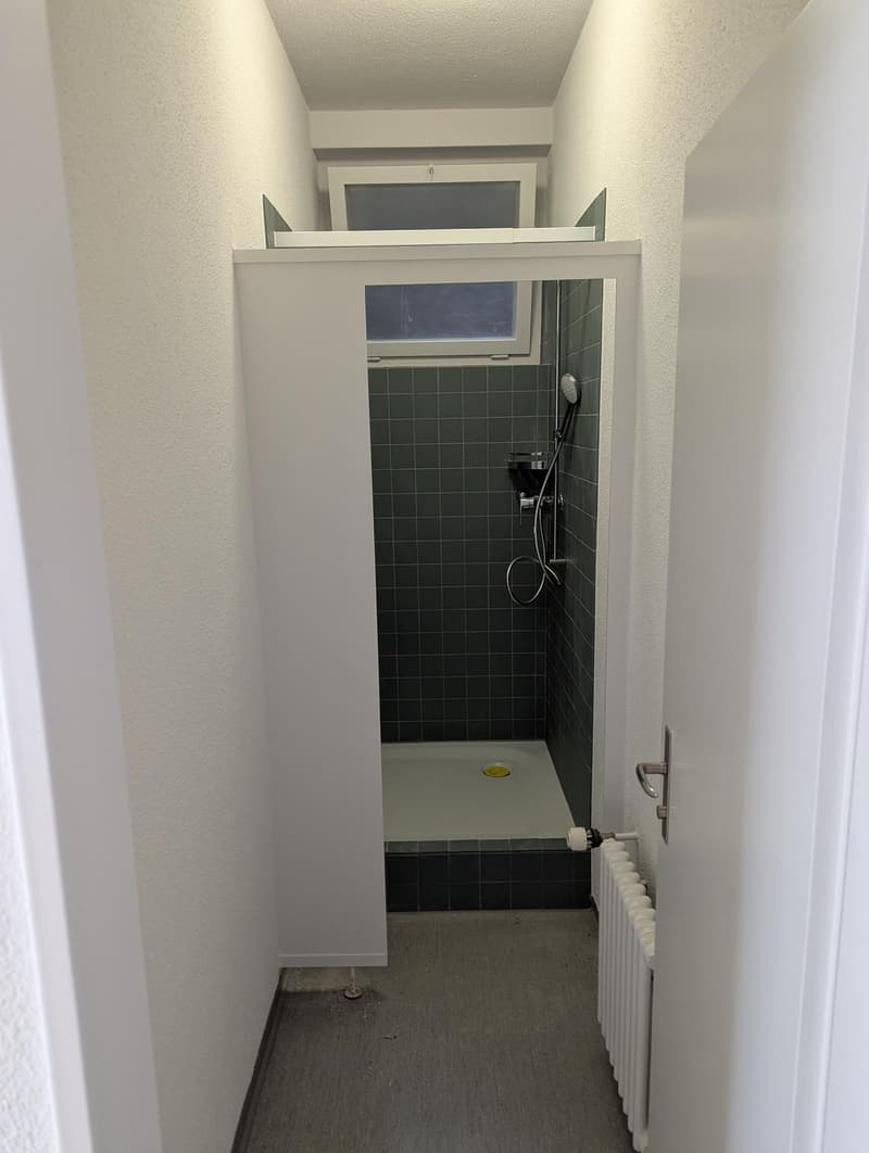 Small bathroom with shower, radiator, and a window