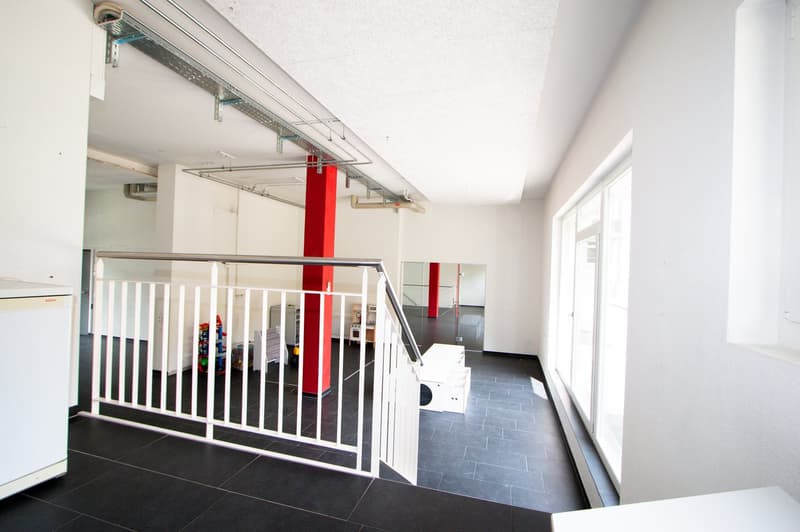 The image shows a hallway with a white railing and a red accent wall. The floor is covered in dark tiles, and there is a window that provides natural light. The hallway appears to be part of a larger living space, with what looks like a kitchen or other r