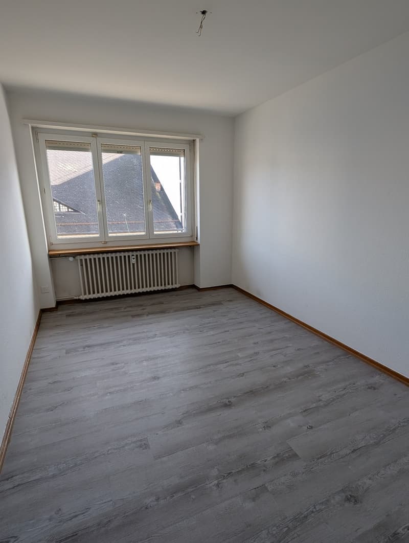empty room, white walls, wooden floor, large window, white radiator
