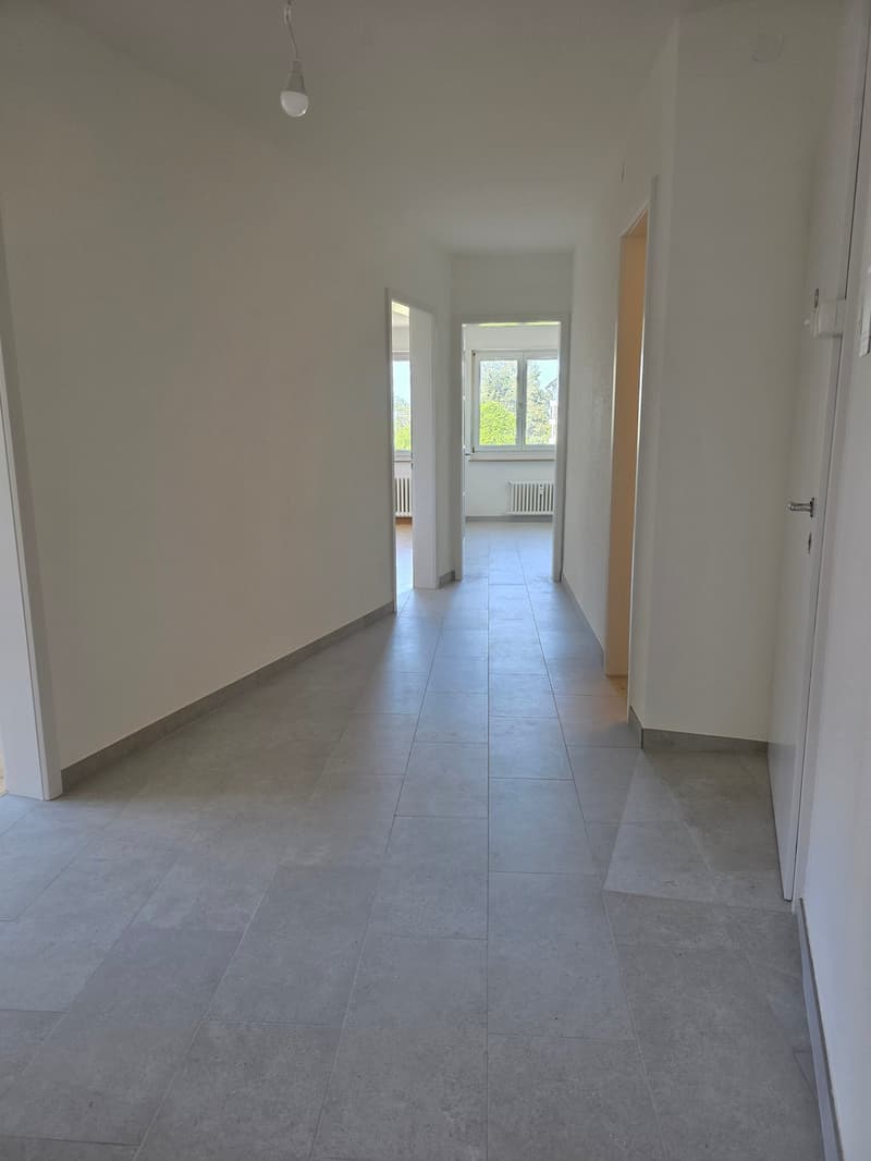 Empty hallway with white walls, gray tiles, and white doors. There are windows with white frames and white radiators.