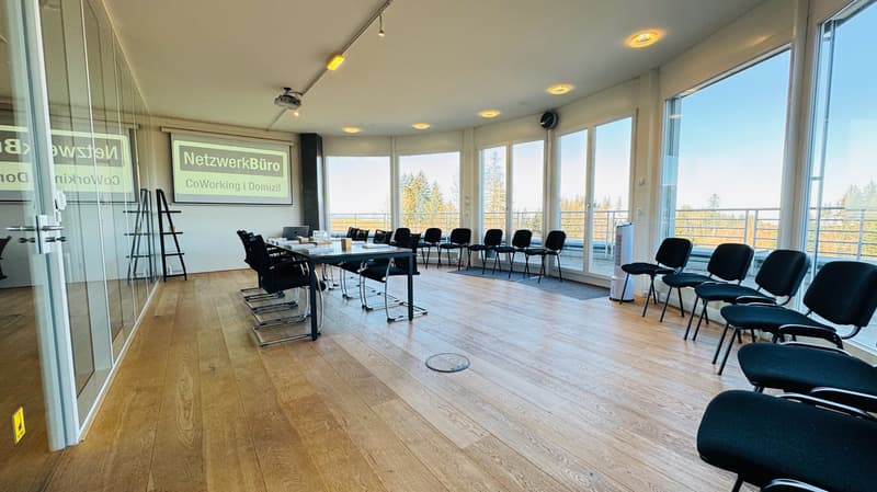 modern design, conference table, glass walls, floor to ceiling windows, view