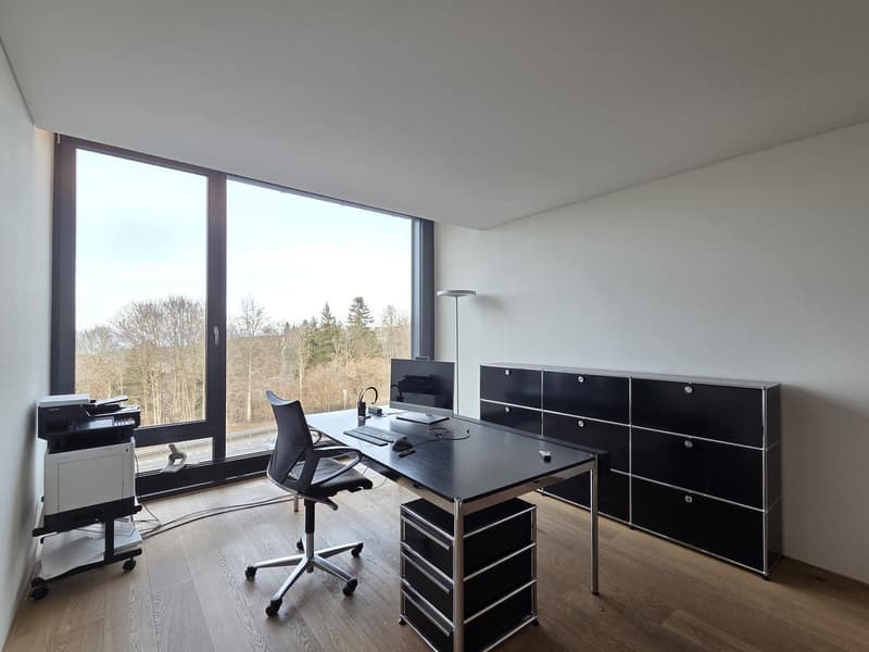 black office desk with monitor, black office chair, white printer on wheeled stand, black storage cabinets, office lamp, large windows with city view