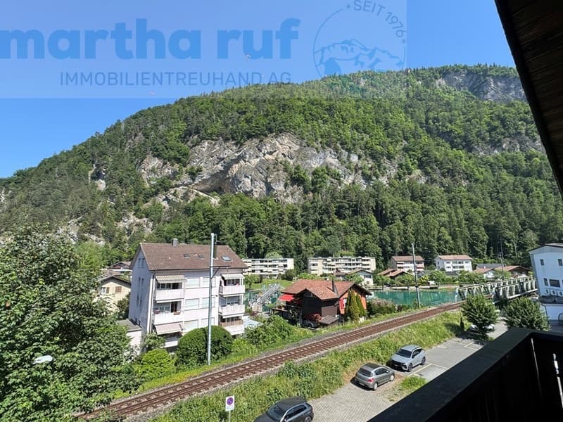 Aussicht ab Westbalkon in die Berge und auf die Aare