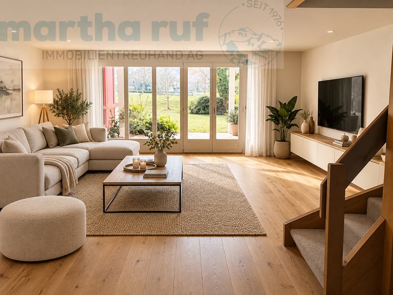 Wohnzimmer - Visualisierung nach möglicher Renovation (KI-generiert)