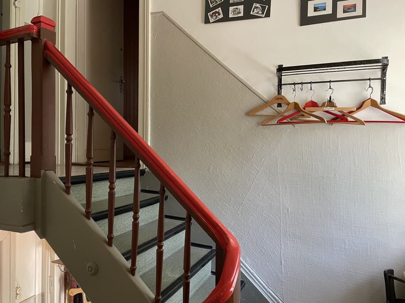 staircase with wooden handrail and carpeted steps