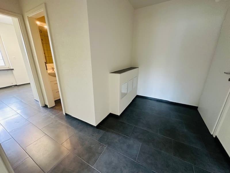 Empty room with white walls, black tiles, and a white door. There is a sink and cabinets in the room.