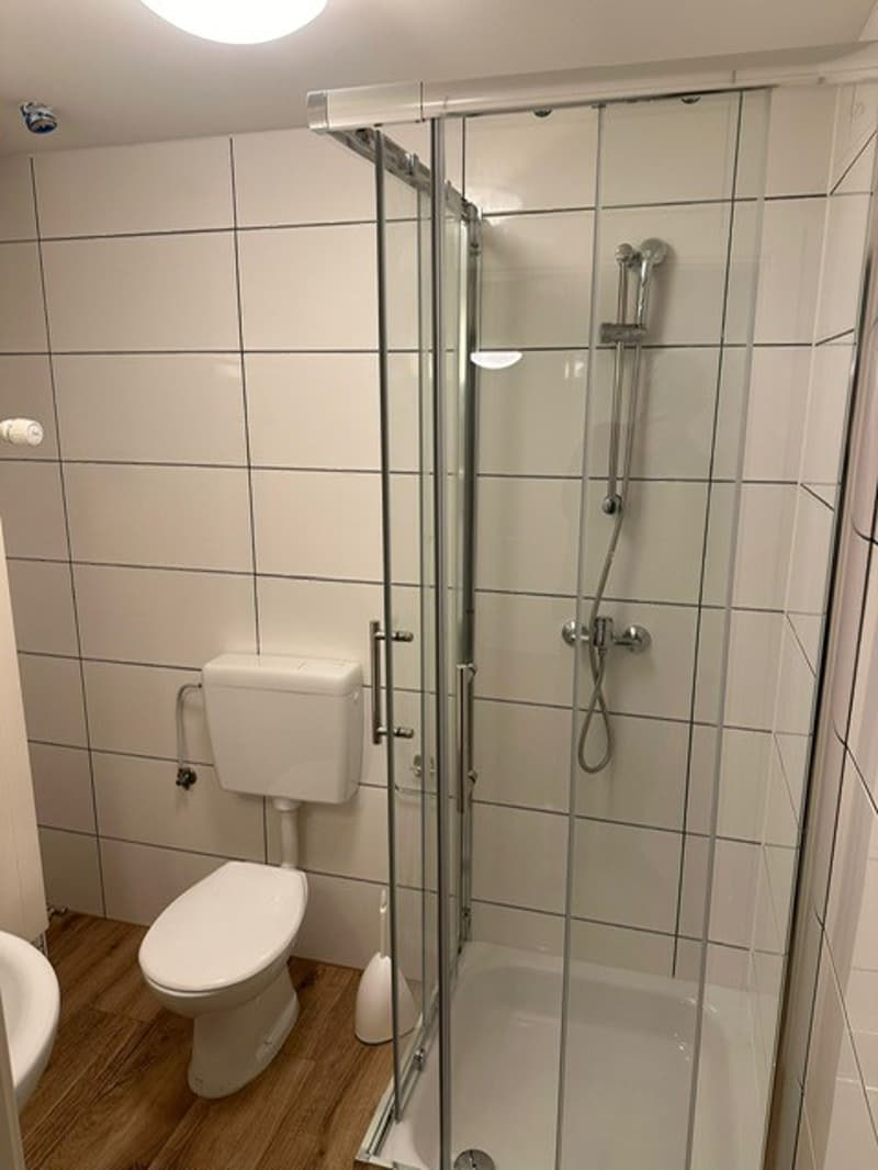 white tiled walls, white toilet, white sink, glass shower enclosure, wooden floor