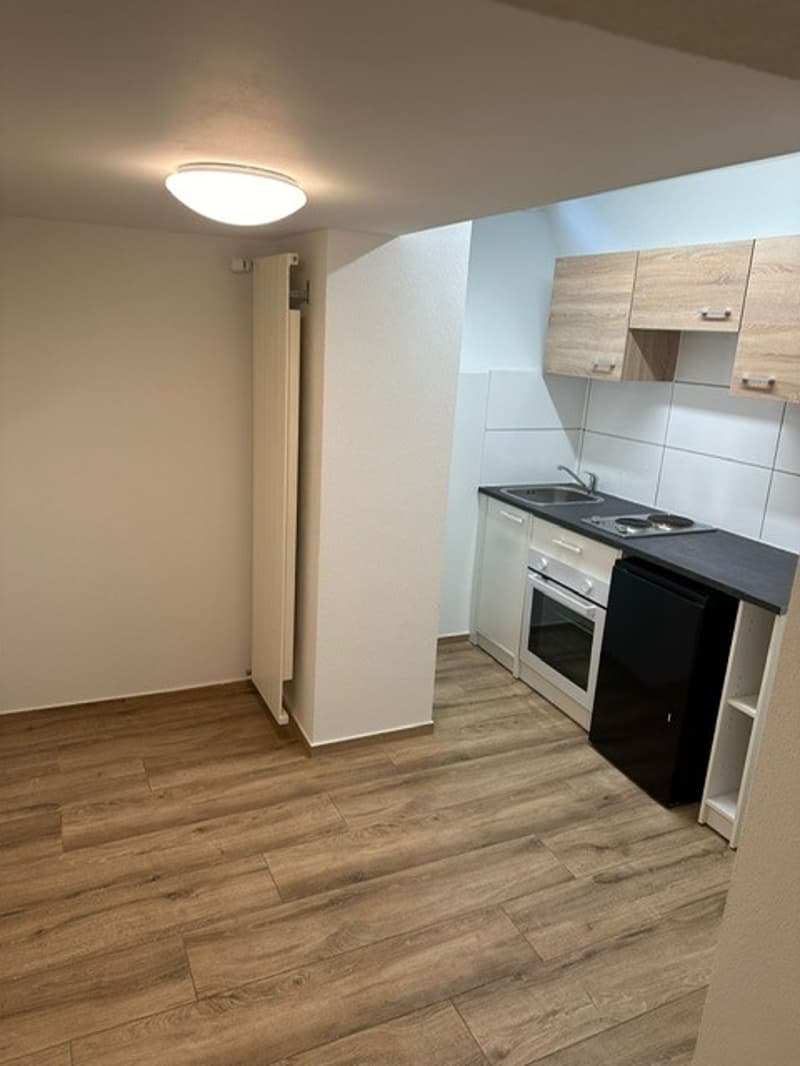 small kitchen with wooden floor, white walls, white cabinets, black countertop, sink, oven, dishwasher, radiator