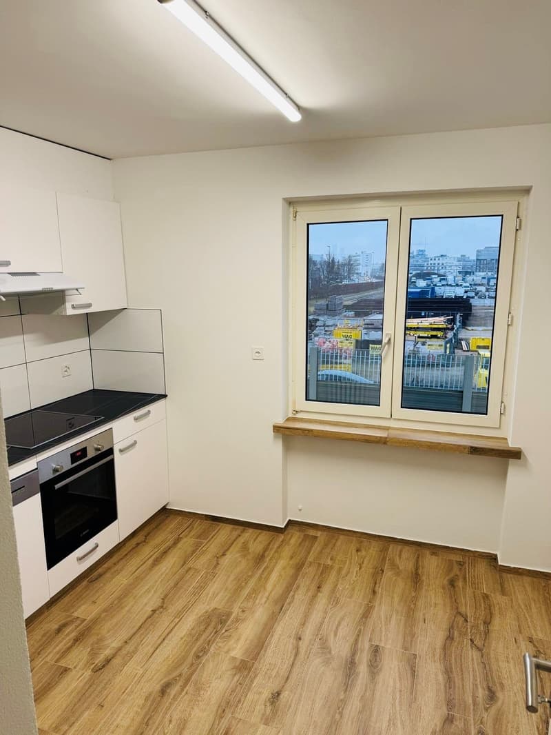 modern kitchen with white cabinets, wooden floor, black countertop, built-in oven, induction stove, large window with view